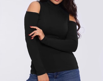 Cotton Turtleneck Sweater with Shoulder Cutouts – Stylish Women's Long Sleeve Fashion Top