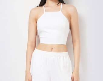 White Linen Tie Back Crop Top, Open Back Halter Top, Summer Linen Blend Top, Beach Vacation Top, Minimalist Festival Top