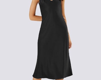 Elegant Midi Slip Dress with Open Back - Silk Satin Cocktail Evening Lingerie
