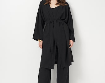 Black Linen Kimono Robe Women - Wide Sleeve Summer Wrap Dress with Belt, Beach Cover Up