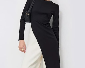 Asymmetrical Cotton Tunic for Women – Long Black Top with Slit, Minimalist Style, Everyday Wear