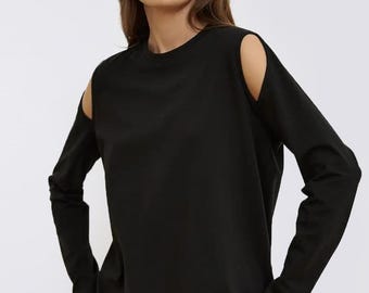 Oversized Cotton Long Sleeve Shirt with Shoulder Cutouts - Grunge Style Loose Fit Tunic Top