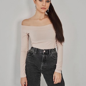 Off Shoulder Cotton Top Women Fitted Long Sleeve Shirt Bardot Neckline Stretch Basic Elegant Beige Black Blouse Casual