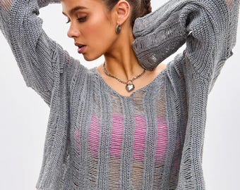 Distressed Knit Crop Sweater, Loose Open Weave Cotton Top, Shredded Grunge Aesthetic Pullover