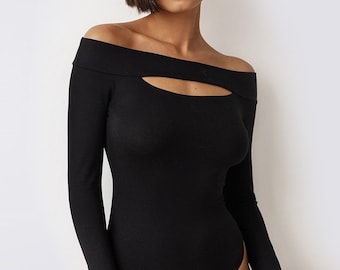 Cotton bodysuit for women's long sleeve with open shoulders in black