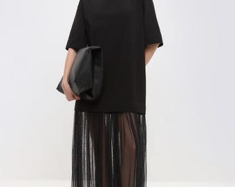 Oversized Black T-Shirt Dress with Sheer Mesh Maxi Skirt – Cotton Casual Gothic Evening Outfit