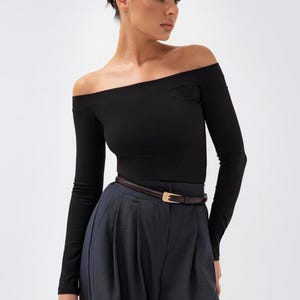 Women's Cotton Off-Shoulder Long Sleeve Crop Top - Fitted Bare Shoulder Blouse