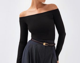 Women's Cotton Off-Shoulder Long Sleeve Crop Top - Fitted Bare Shoulder Blouse