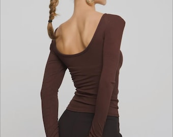 Minimalist Open Back Long Sleeve Top - Structured Shoulder Tee, Slim Fit Backless Blouse