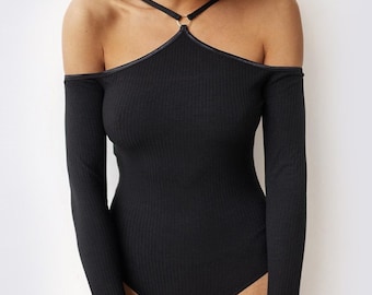 Off-Shoulder Ribbed Bodysuit – Black Strappy Thong Leotard, Sexy Minimalist Top, Viscose Bodysuit for Women