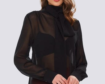 Sheer Chiffon Bow Blouse – Elegant Black Transparent Top