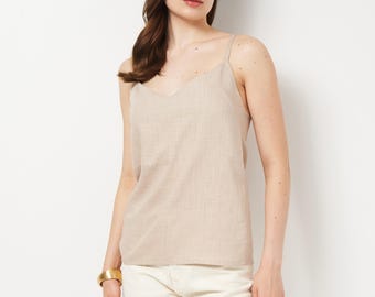 Linen Camisole Top with Adjustable Straps, Lightweight Summer Tank, Minimalist Neutral Beige Top