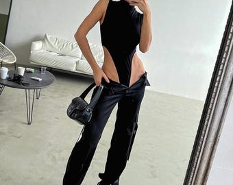 Turtleneck Cotton Bodysuit | Sleeveless High Cut Thong Leotard | Minimalist Basic Layering Top for Women