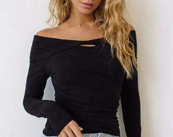 Off-Shoulder Long Sleeve Top – Black Cotton Jersey Tee