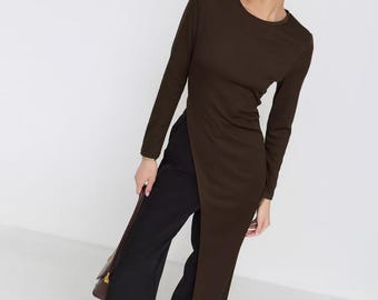 Women’s Cotton Tunic Dress, Asymmetric Long Sleeve Top, Brown Midi Silhouette, Fitted Stretch Jersey, Minimalist Casual Layering Outfit Edit