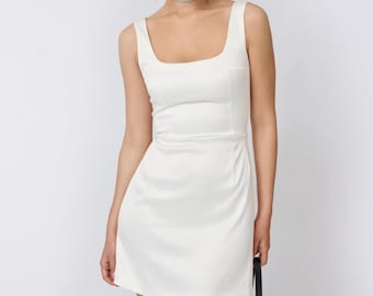 White Mini Wedding Dress | Square Neck Viscose Satin Bridal Dress | Short Civil Ceremony Gown