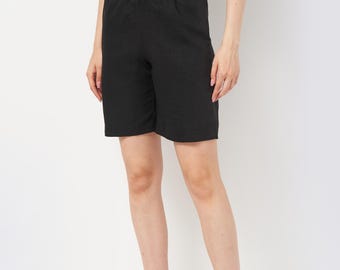 Linen Blend Shorts Women, Elastic Waist Shorts with Pockets, Black Summer Shorts, Casual Relaxed Fit, Breathable Linen Viscose