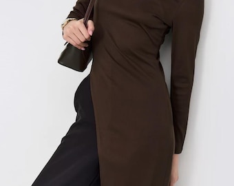 Women’s Asymmetric Tunic Dress, Cotton Jersey Long Sleeve Top, Minimalist Womenswear, Longline Silhouette, Modern European Style
