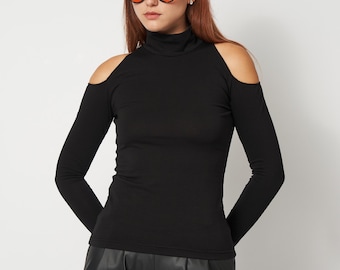Black Cotton Turtleneck Sweater with Shoulder Cutouts - Fitted Long Sleeve Sexy Top