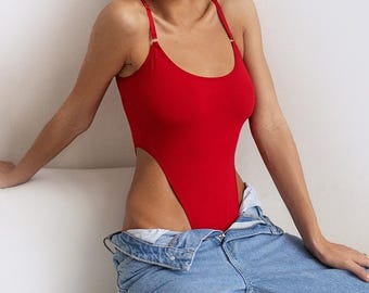 Cotton women&#39;s sleeveless bodysuit with high hips line in red, white, black from Ukrainian fashion brand