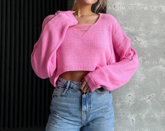 Cropped Distressed Knit Sweater Women Cotton Pullover Oversized Jumper Loose Fit Pink Blue Black Cream Trendy Top