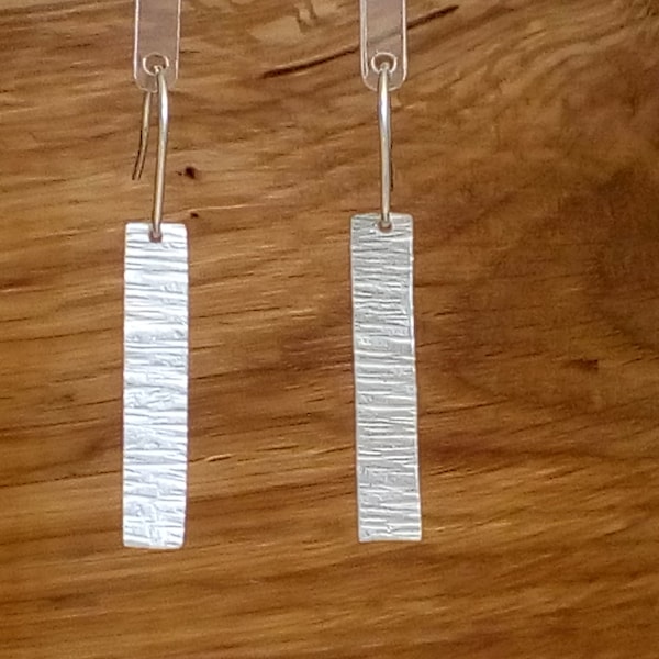 Sterling silver textured bar handmade earrings, light catching silver earrings, pretty hammered silver earrings, Bark textured earrings