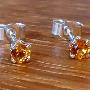 Tiny citrine stud earrings, 3mm yellow crystal earrings, bright yellow sterling silver stud earrings