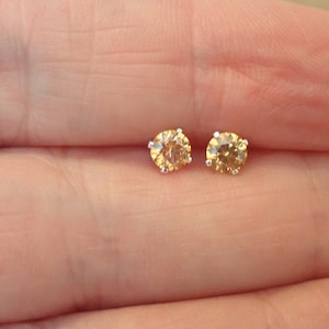 Amber zirconia sterling silver stud earrings, Amber stud earrings, 4mm amber earrings