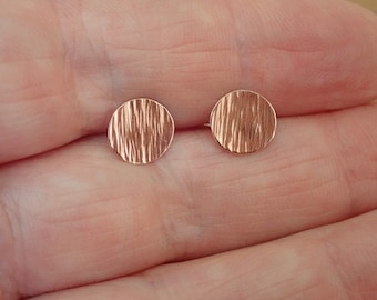 Bark hammered copper studs, Copper and sterling silver studs, Hammered copper stud earrrings