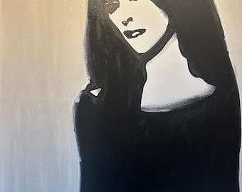 May include: A black and white painting of a woman with long dark hair. The woman is wearing a black dress and has a neutral expression on her face.