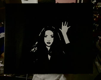 May include: A black and white painting of a woman with long hair, her hand raised in the air. The background is black.