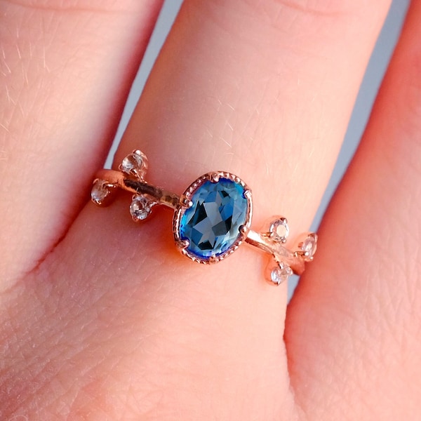 London blue topaz ring for women 14K solid rose gold or silver gemstone for her, November birthstone tiny dainty delicate anniversary gift