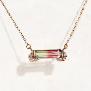 Watermelon bar tourmaline 14K rose gold necklace for women, natural diamond bi color gemstone fine jewelry Christmas gift mother's wife mom