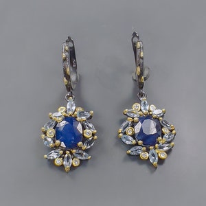 Sapphire earrings, blue gemstone earrings, September Birthstone jewelry for women, Flower Cocktail, gift for her, birthday gift