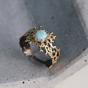 Round larimar gold ring for women, Coral natural blue gemstone silver ring birthday gift for wife sister graduation gift, daughter mother
