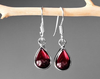 Red garnet earrings for women, 925 sterling silver gemstone jewelry for her, pear drop simple dangle January birthstone anniversary gift