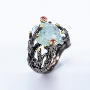 Raw aquamarine ring for women, Blue rough stone gemstone black silver March birthstone statement anniversary gift wife nature inspired