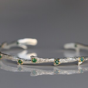 Emerald silver bangle bracelet, cuff branch nature statement jewelry gift for women, May birthstone anniversary gift