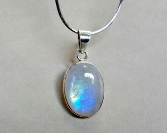 Large Oval Blue Moonstone Pendant, Natural Rainbow Moonstone Necklace, Crystal Necklace, June Birthstone Necklace, Gemstone Silver Necklace