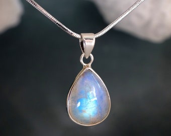 Moonstone Necklace, gemstone necklace, birthday gifts for her, June birthstone necklace for women, Rainbow, blue silver anniversary gift