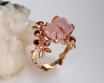 Raw pink morganite ring 14K gold, Raw stone rings for women, garnet statement jewelry for her, nature branch leaf mothers day gift wife mom