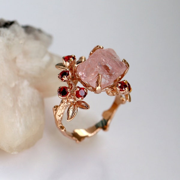 Raw pink morganite ring 14K gold, Raw stone rings for women, garnet statement jewelry for her, nature branch leaf mothers day gift wife mom