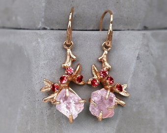 Raw pink morganite garnet earrings for women, rough gemstone branch nature inspired, statement Christmas birthday gift wife jewelry set