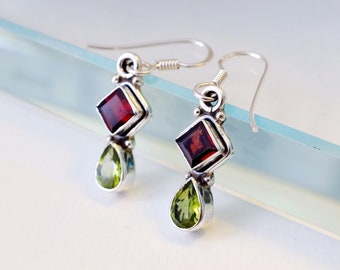 Red garnet earrings 925 sterling silver, green gemstone jewelry for women bezel set, Christmas gift wife mother