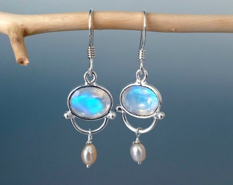 Rainbow moonstone earrings for women, silver pearl earrings, June birthstone jewelry for her, gemstone oval bohemian anniversary gift