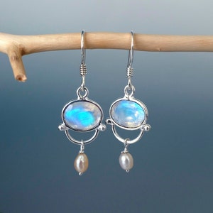 Rainbow moonstone earrings for women, silver pearl earrings, June birthstone jewelry for her, gemstone oval bohemian anniversary gift