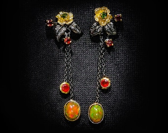 Flower rainbow opal earrings for women, carnelian nature dangle earrings black, October birthstone gemstone jewelry her, anniversary gift