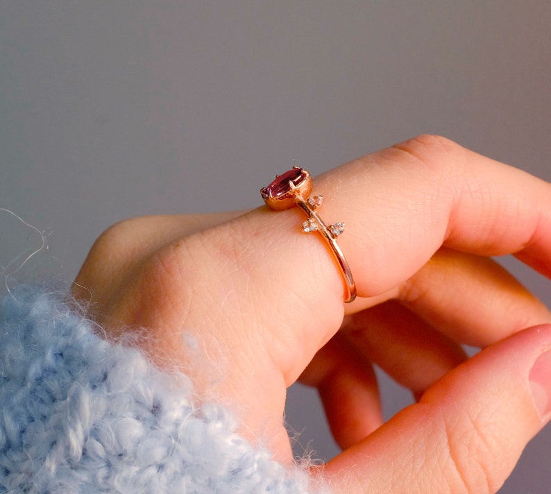 14K rose gold natural ruby ring, tiny dainty diamond ring for women, boho delicate jewelry gift for her, engagement ring, anniversary gift image 3