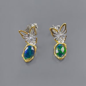 Opal stud earrings, Rose cut Black opal earrings, October birthstone jewelry, butterfly handmade birthday gift women anniversary gift