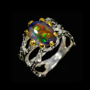 Black Rainbow opal branch ring, Nature rings, birthday gift wife, Anniversary jewelry gift mom, October birthstone jewelry birthday gift